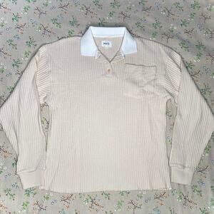 MATE the Label Waffle Knit Shirt Polo Pullover Cream Mens Small Organic Cotton